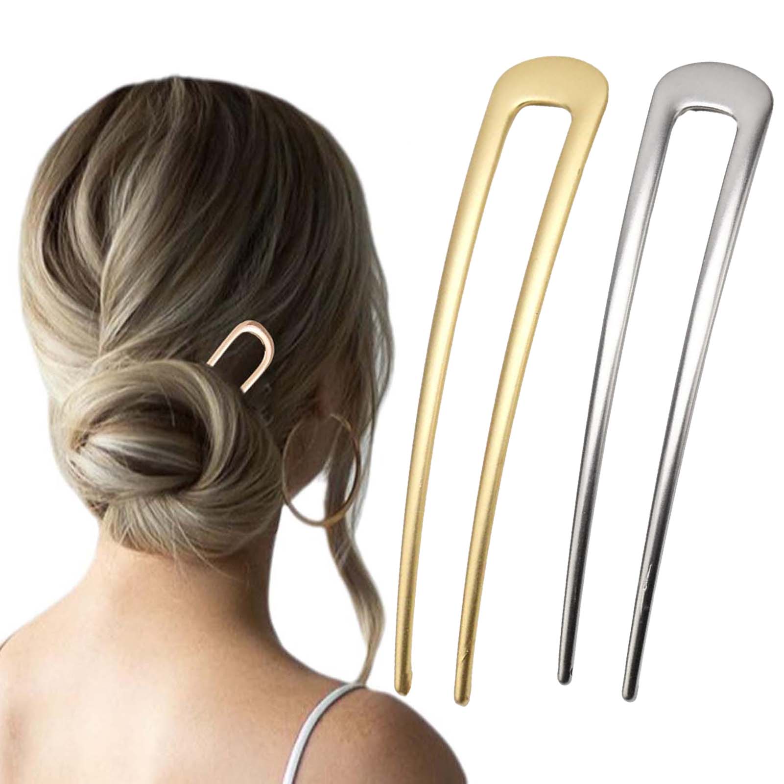 Vintage Tech Accessories - フランス製U字型ヘアピン ヴィンテージメタルヘアフォークスティック 女性用 厚い髪用スタイリングアクセサリー ゴールドシルバーカラー バンツール