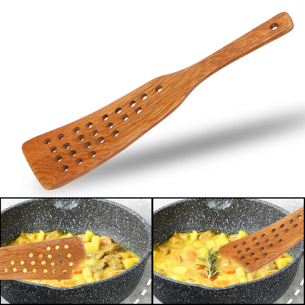 Hi Tech Kitchen Accessories - 揚げ物用スパチュラ フィルタースパチュラ ノンスティックパン用木製スパチュラ 24穴 キッチン調理器具 キッチンアクセサリー