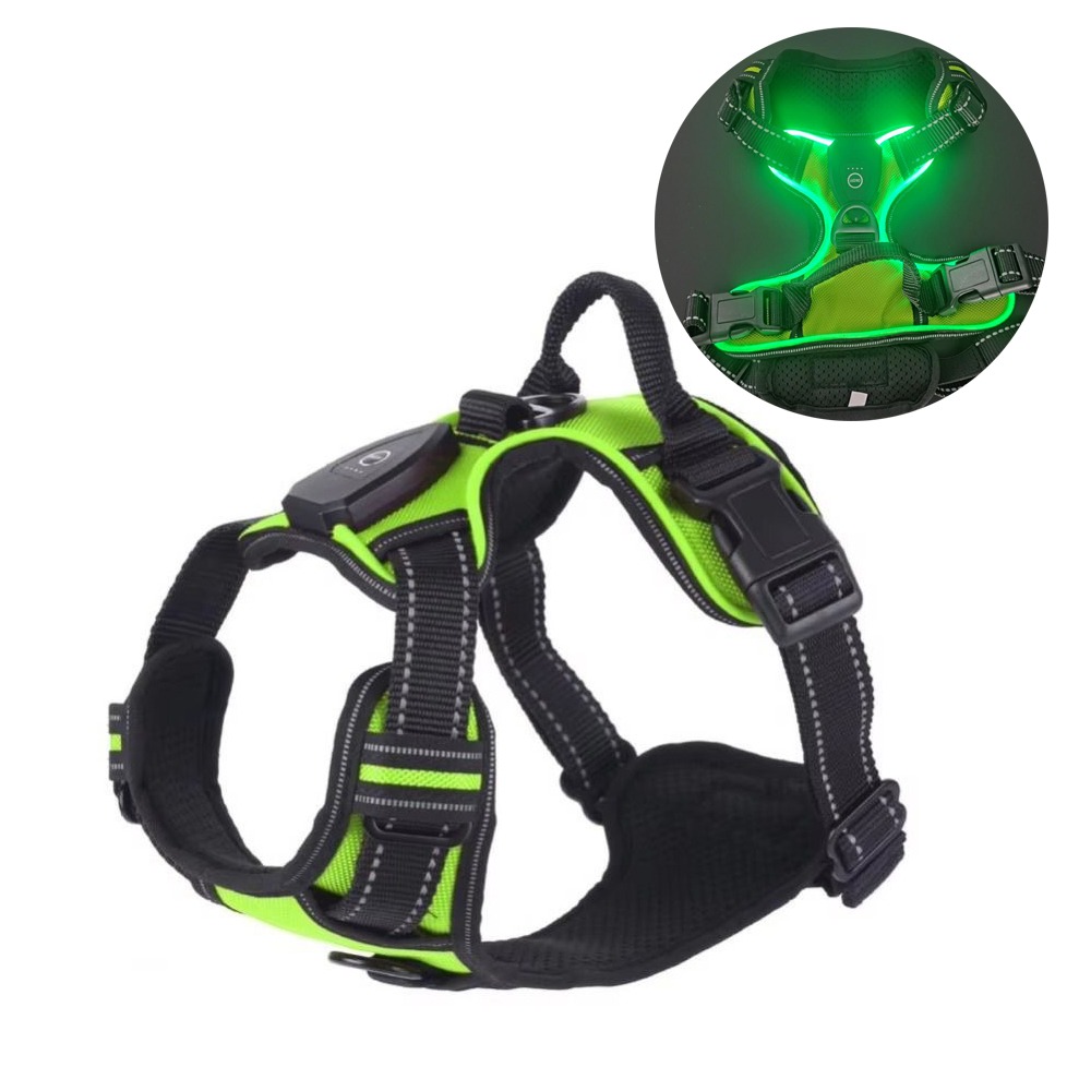 Tech Dog Accessories - 耐久性のあるLEDライトアップ犬用ハーネス、調節可能な点滅発光ペット用チェストストラップ、パッド入りカラー、柔らかい犬用グローベスト、夜間散歩用
