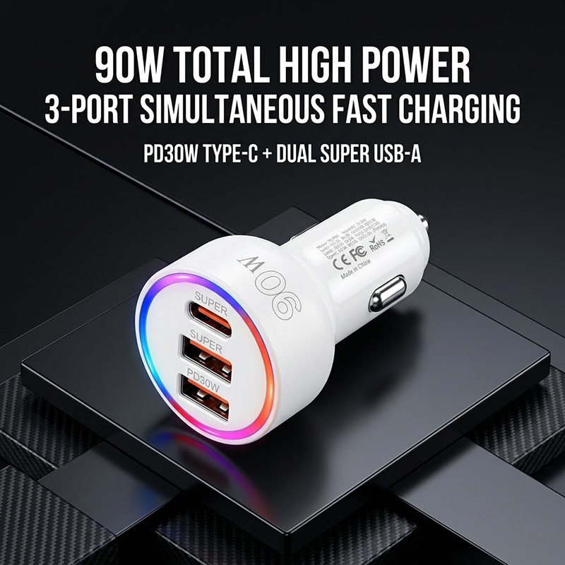 Type C Multiport Adapter - 90Wカーチャージャーアダプター、マルチカラーLEDアンビエントライト付き、3ポートUSB C PD 30W & QC