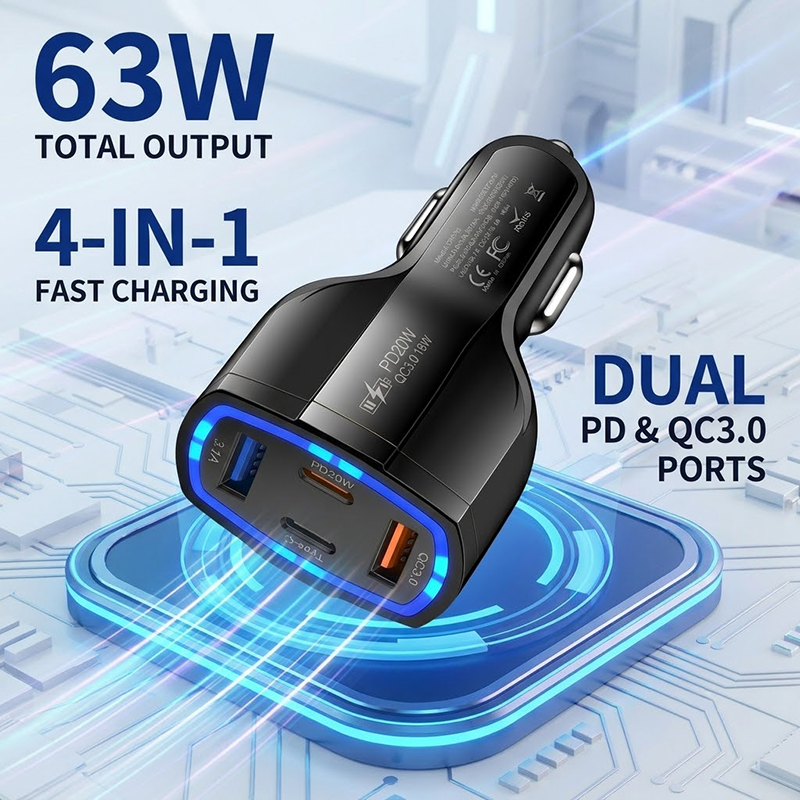 Type C Multiport Adapter - マルチポート63Wカーチャージャー急速充電アダプター、デュアルPD 20W Type-CとQC 3.0 USB Aポート搭載、スマートフォン＆タブレット対応