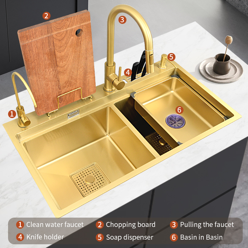 モダンなダブルボウルゴールドカスタマイズ可能な高品質304ス - High Tech Kitchen Accessories のレビューと価格
